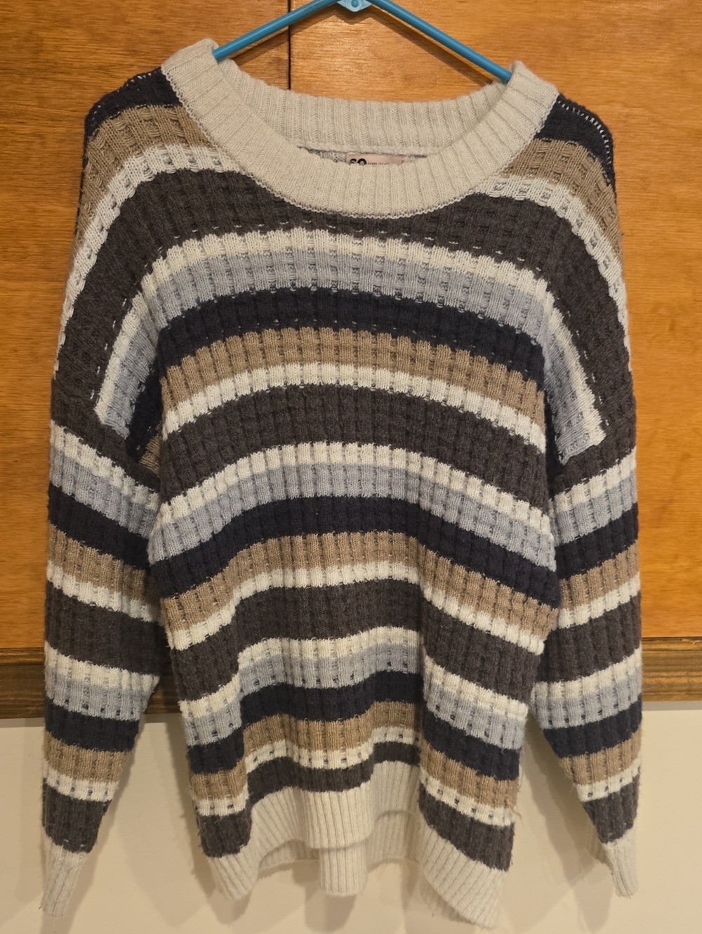 SO Striped Crewneck Sweater in Navy, Gray & Cream